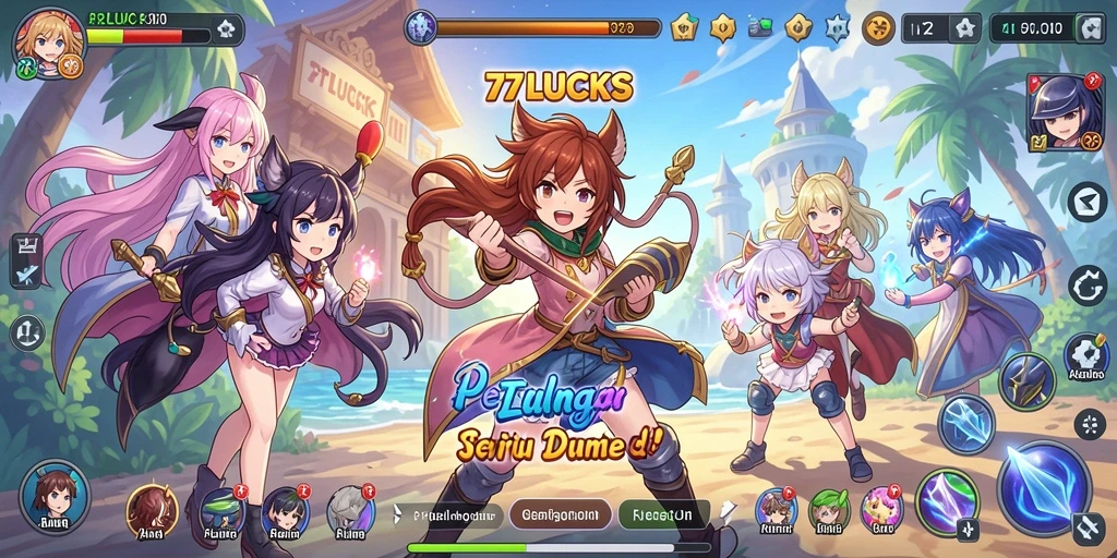 Screenshot gameplay 77LUCKS menampilkan aksi karakter anime yang keren.