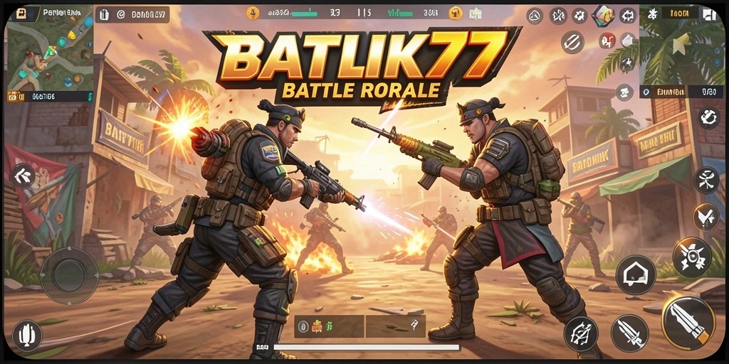 Screenshot dari gameplay BATIK77 menampilkan aksi pertarungan di medan perang.