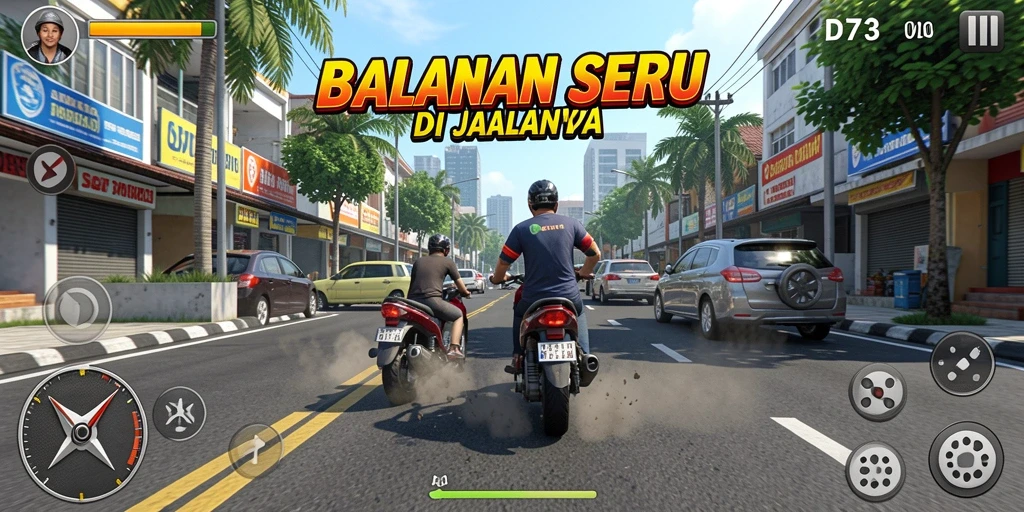 Tampilan gameplay D73 yang seru dan mendebarkan di trek balapan.