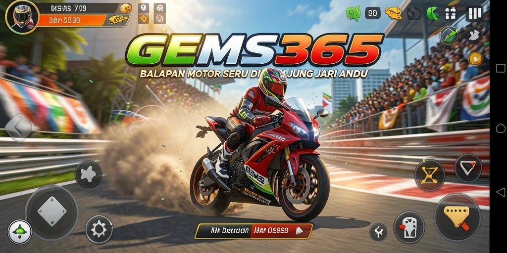 Screenshot GEMS365 menunjukkan aksi balapan motor yang mendebarkan.