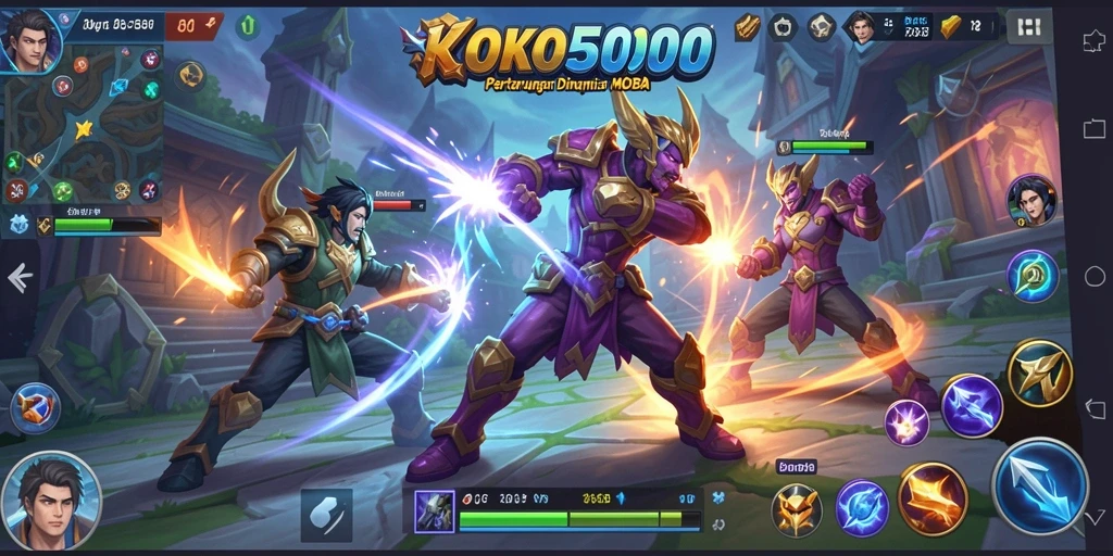 Screenshot KOKO5000 menampilkan pertarungan MOBA yang mendebarkan.