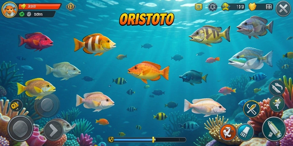 Gameplay seru dalam ORISTOTO dengan berbagai jenis ikan.