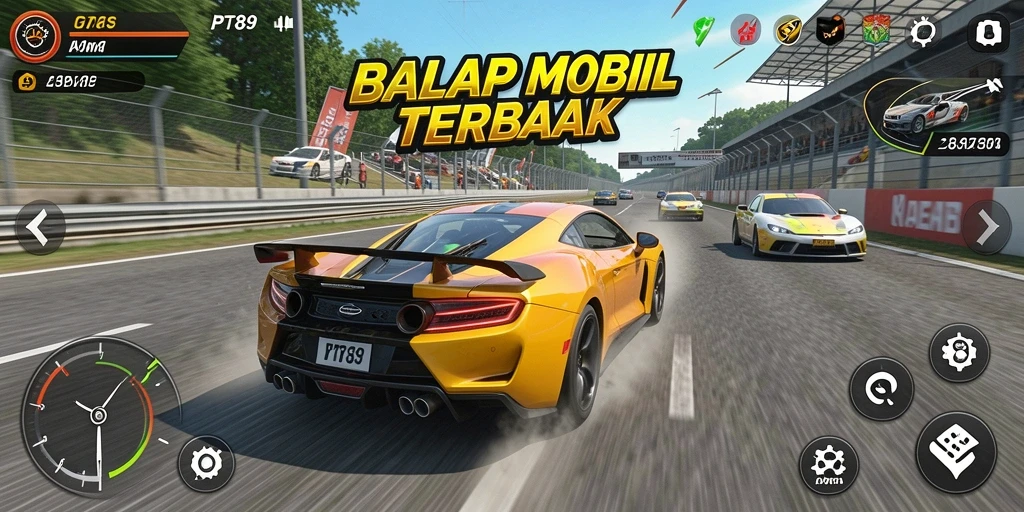 Tangkapan layar gameplay PT89 menampilkan aksi balapan yang mendebarkan.